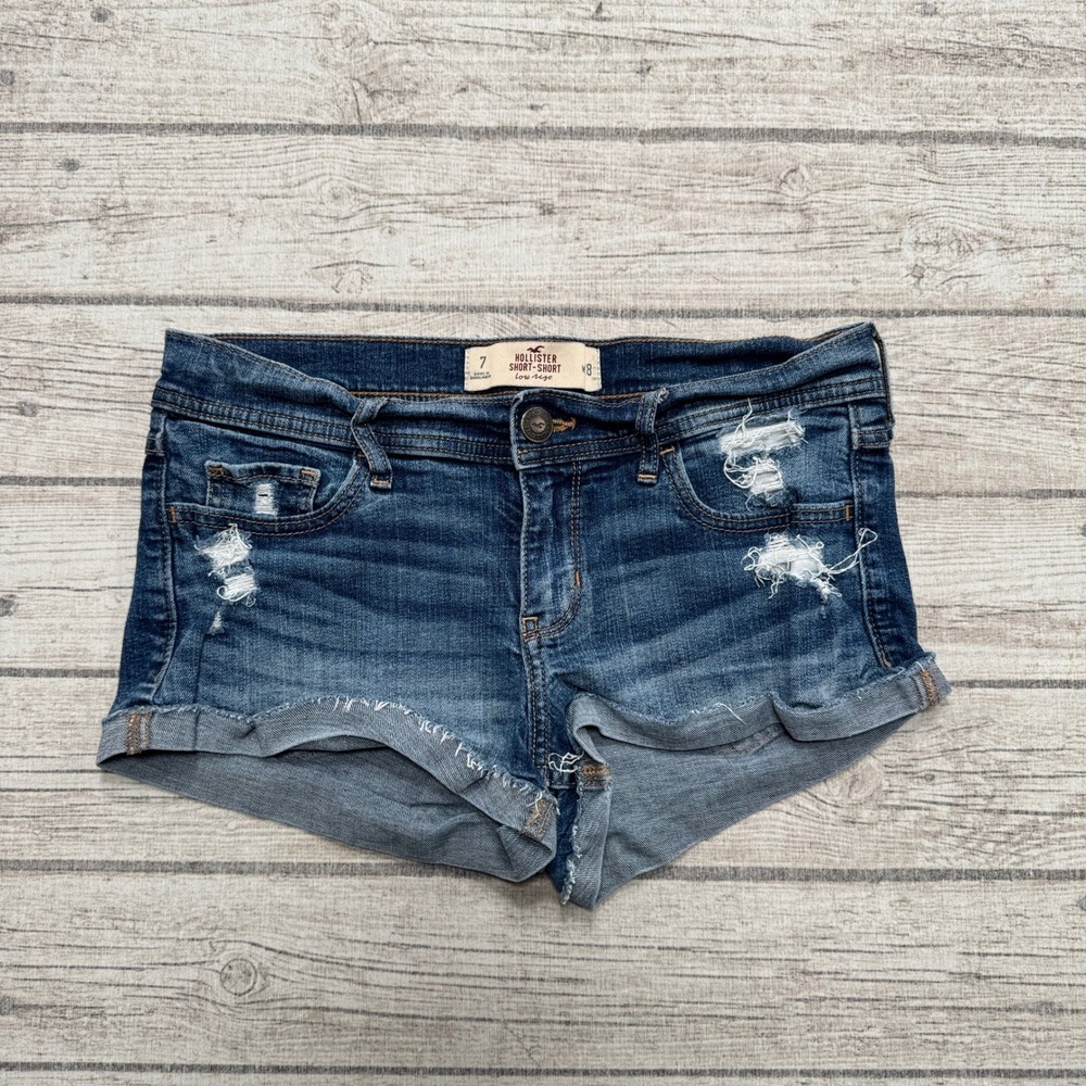 Y2K Hollister Booty Shorts Women's 7/28 Blue Denim Low Rise Cut Off Distressed